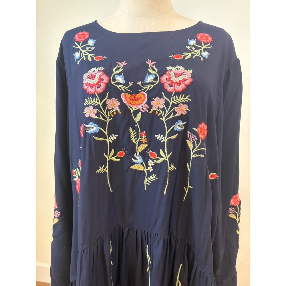 NWT Philosophy Navy Dress 2X Floral Embroidered Tiered Boho Flowy‎ Cottagecore - Picture 2 of 8